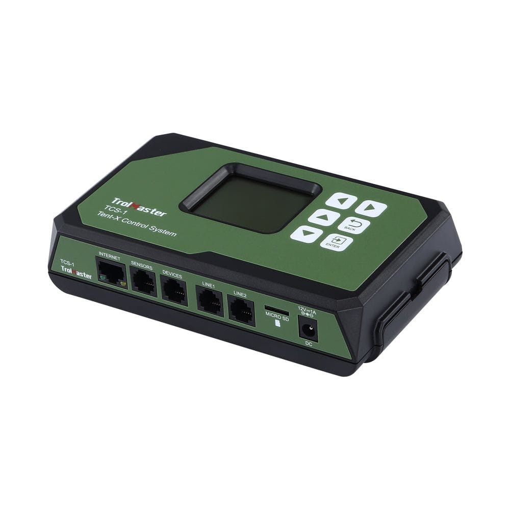TrolMaster TCS-1 grow tent controller with an LCD screen, keypad, and various ports including internet, sensors, devices, line 1, line 2, Micro SD, and DC power input.