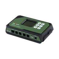TrolMaster TCS-1 grow tent controller with an LCD screen, keypad, and various ports including internet, sensors, devices, line 1, line 2, Micro SD, and DC power input.