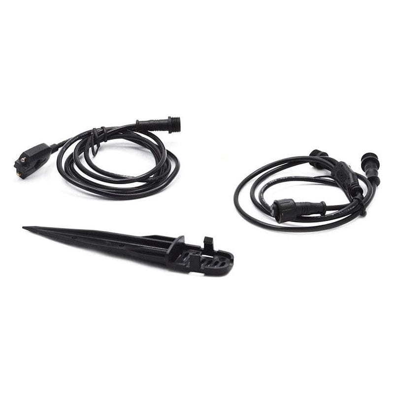 Black wire set with power plugs and ground stake on white background.