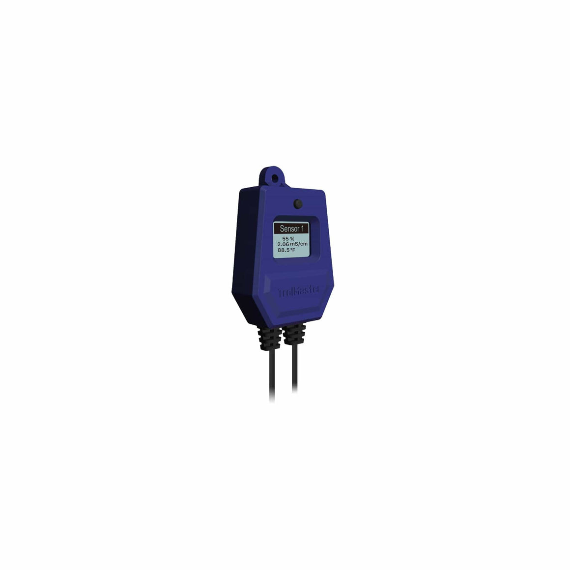 A blue Trollmaster 3-in-1 substrate sensor displays "Sensor 1", "55 %", "2.06 mS/cm", and "88.5 °F" on its screen.