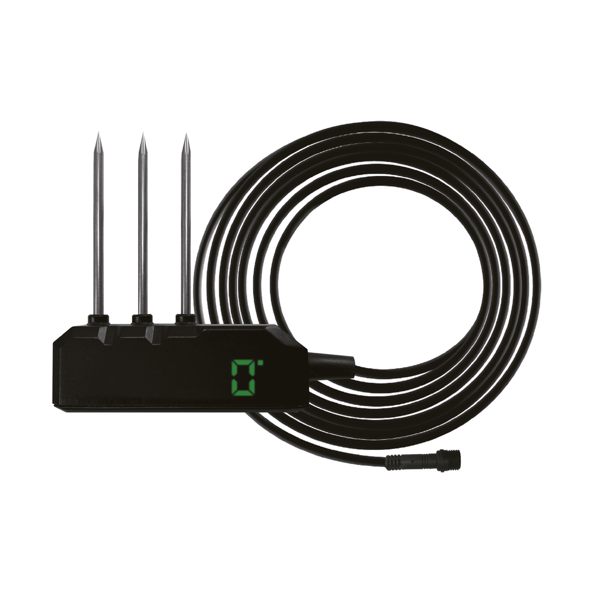 Black substrate water content sensor with three metal probes and a digital display showing "0".