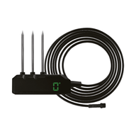 Black substrate water content sensor with three metal probes and a digital display showing 