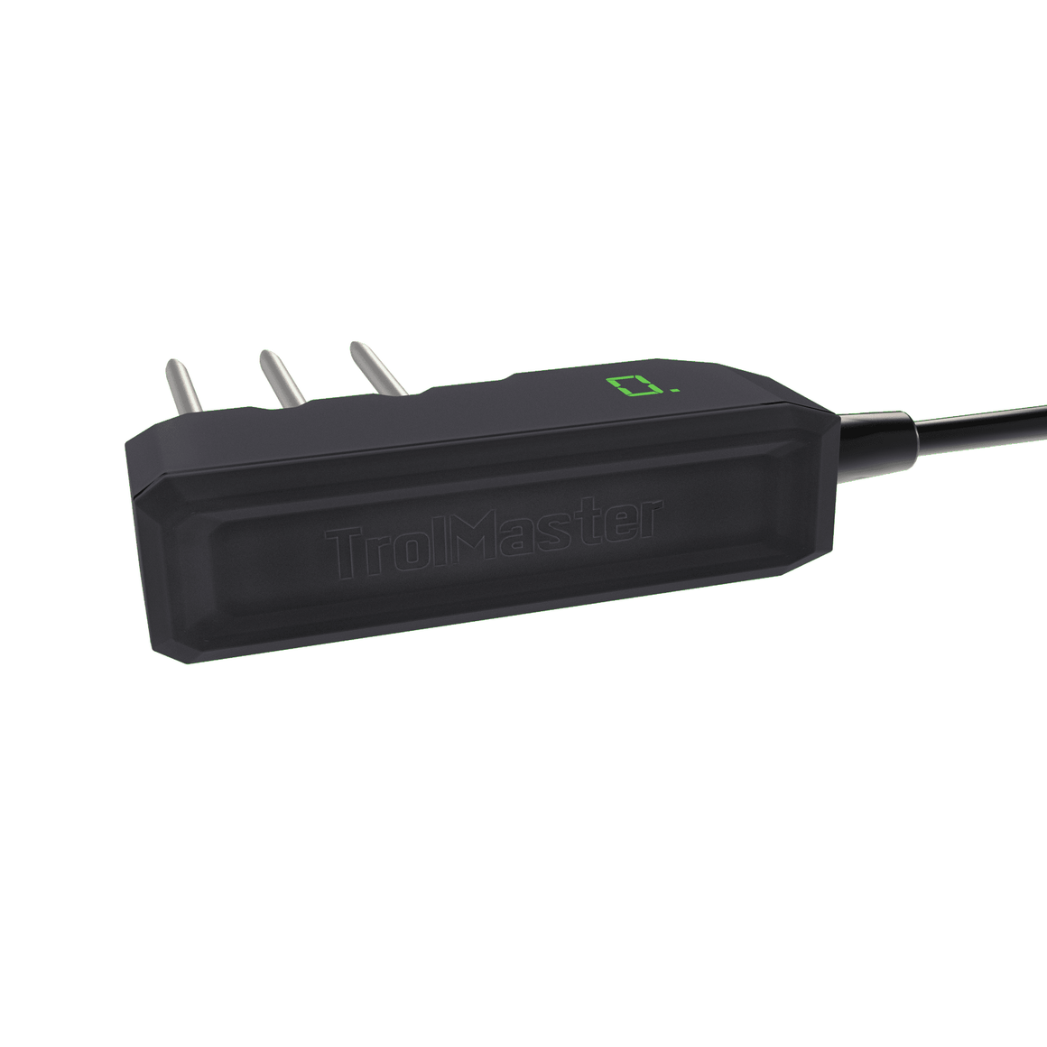 Black TrolMaster water content sensor with three silver prongs and a green digital display on white background.