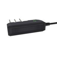 Black TrolMaster water content sensor with three silver prongs and a green digital display on white background.