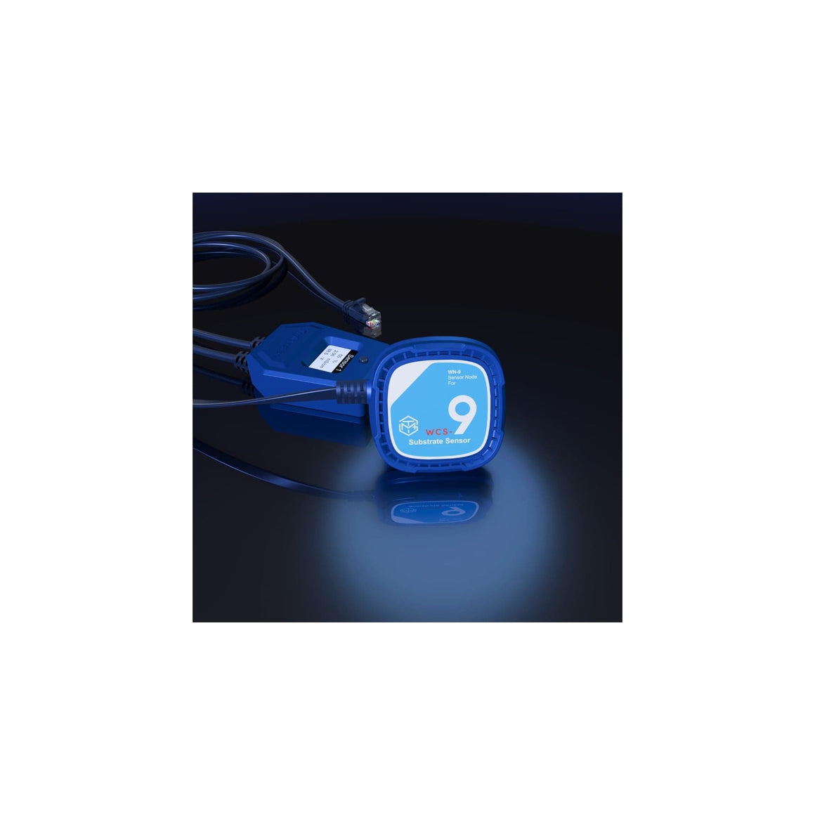 Blue WCS-9 substrate sensor with white label showing '9' and 'Substrate Sensor'.