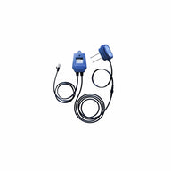 Blue soil moisture sensor with two prongs, RJ45 cable, and display showing 