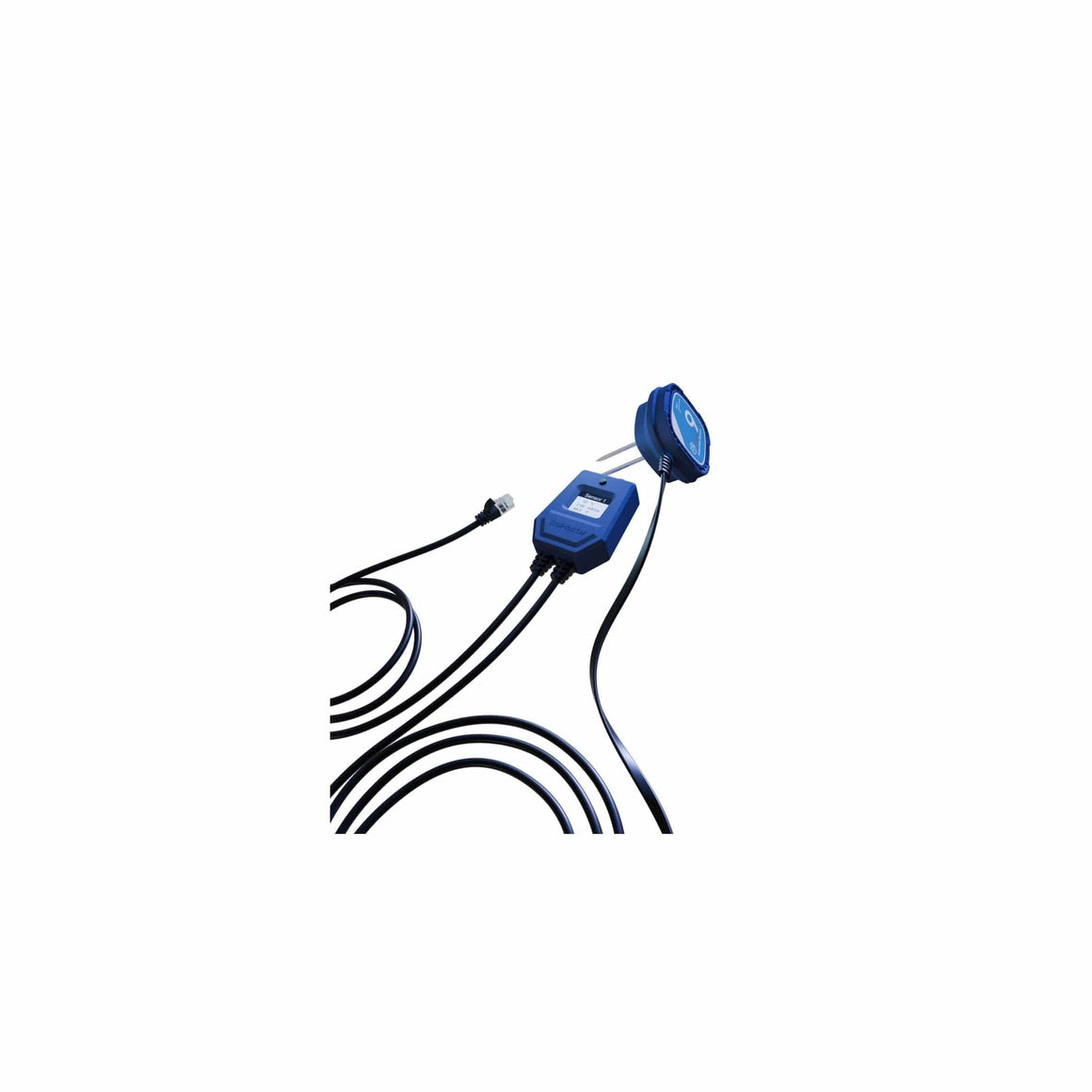Blue digital sensor set with two probes, wires, and a digital display unit.