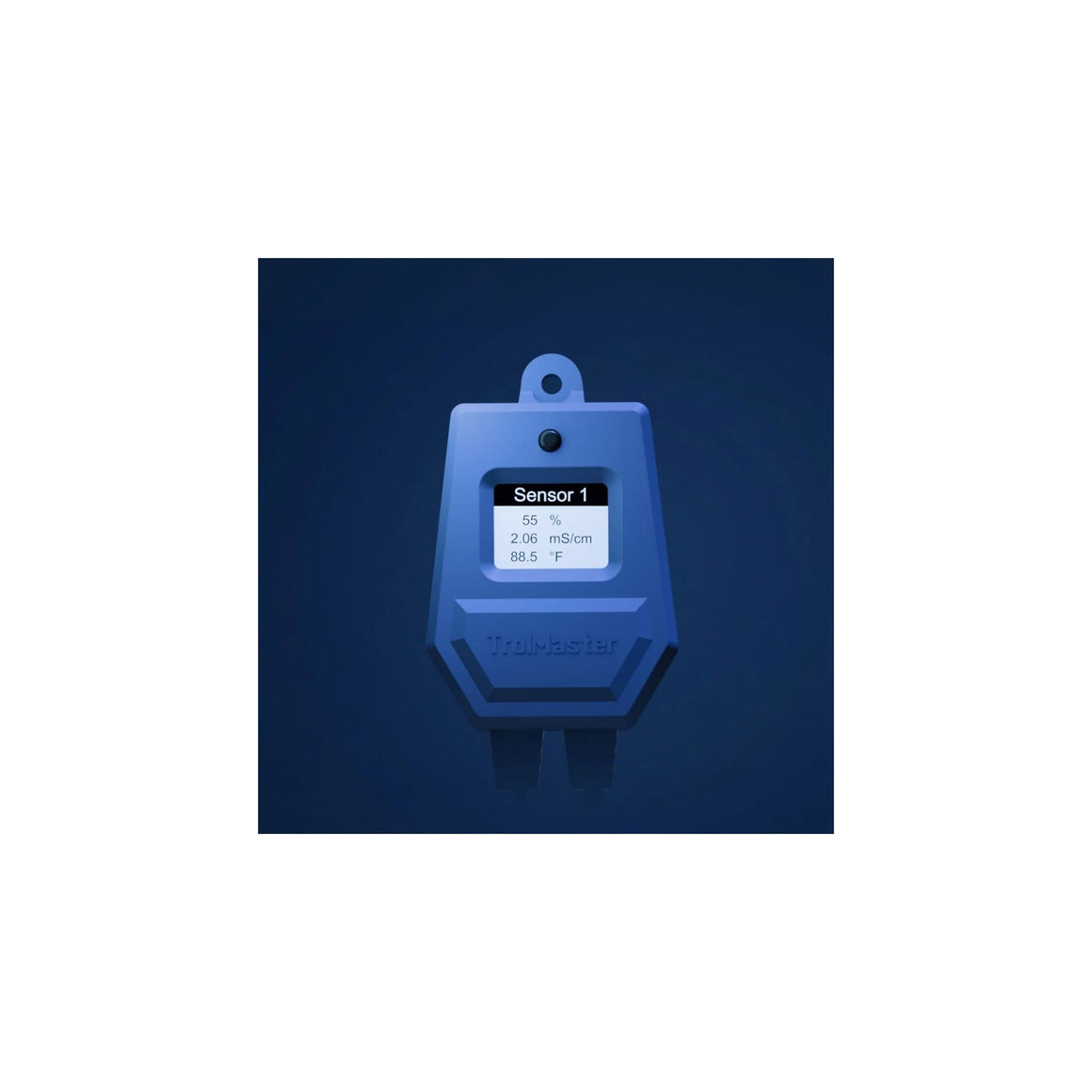 Blue 3-in-1 substrate sensor displays "Sensor 1" with VWC, EC, and temperature readings on its screen.
