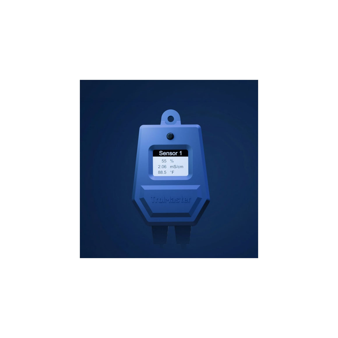 Blue TrolMaster sensor displays 55% humidity, 2.06 mS/cm conductivity, and 88.5°F temperature.