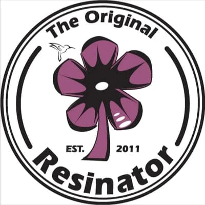 Circular logo: "The Original Resinator EST. 2011" text, purple five-petal flower, and a hummingbird outline.