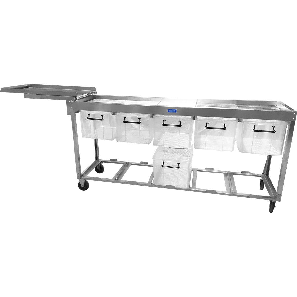 Stainless steel mobile sorting table with a pull-out tray and six clear plastic bins on casters.