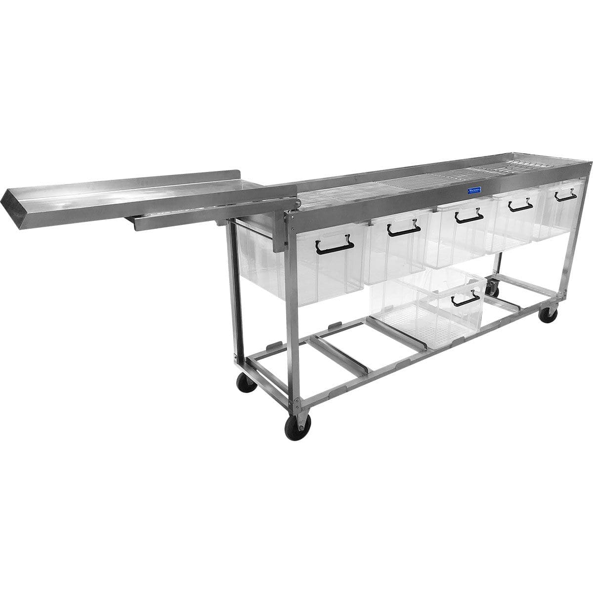 Mobile stainless steel bud sorting table with extendable tray, perforated top, and clear storage bins.