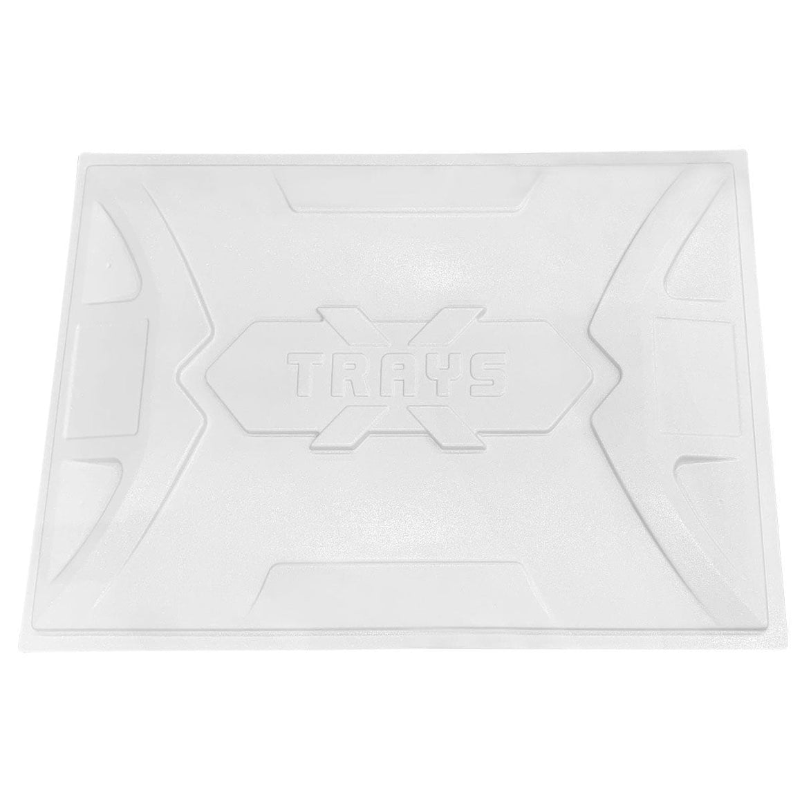 White plastic reservoir lid with embossed "XTRAYS" logo and geometric design.
