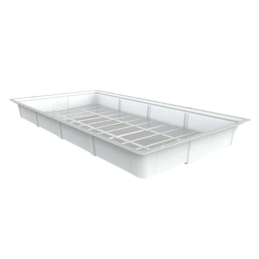 White flood tray with grid interior for hydroponic systems.