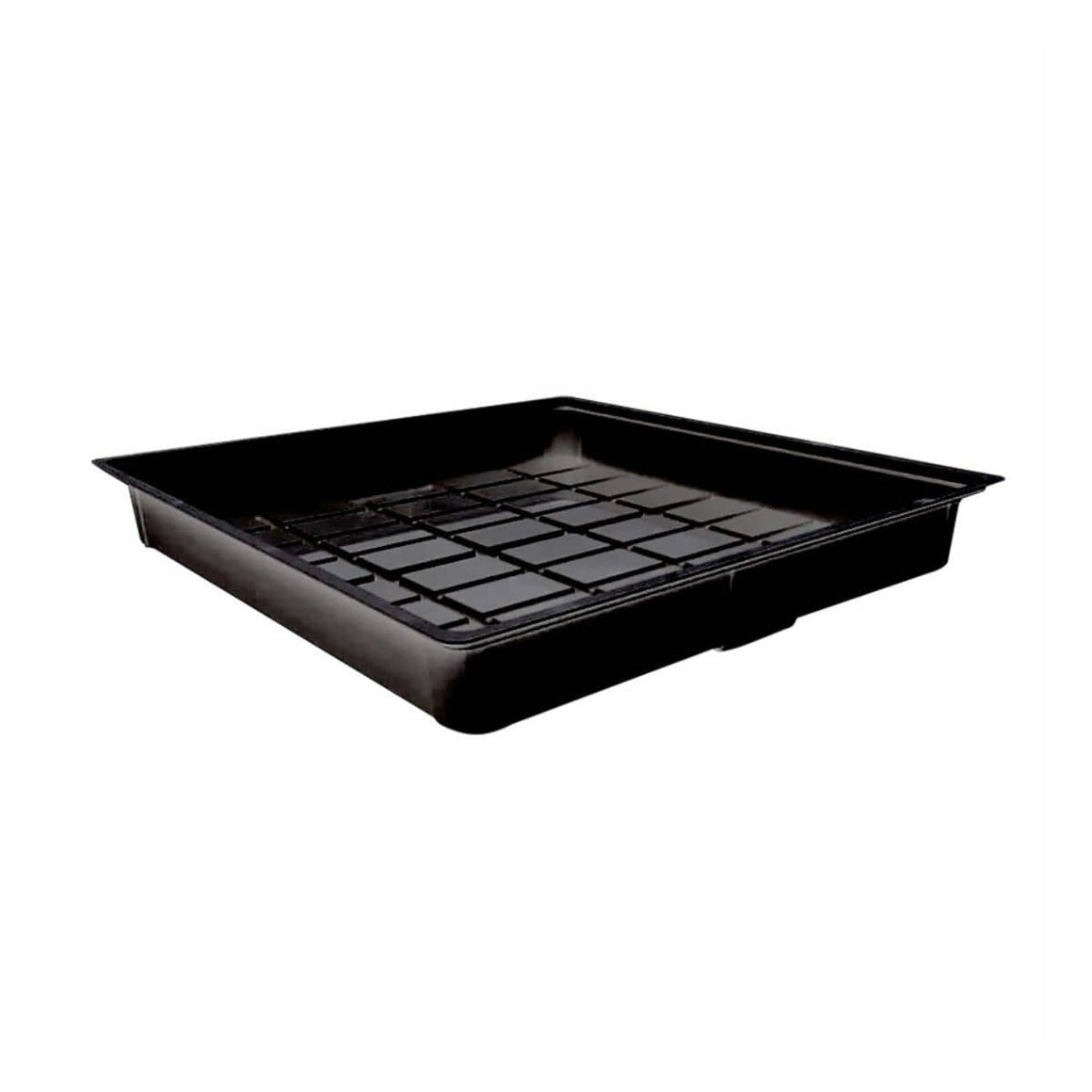 Black plastic flood tray with grid insert, square shape, for gardening or hydroponics.