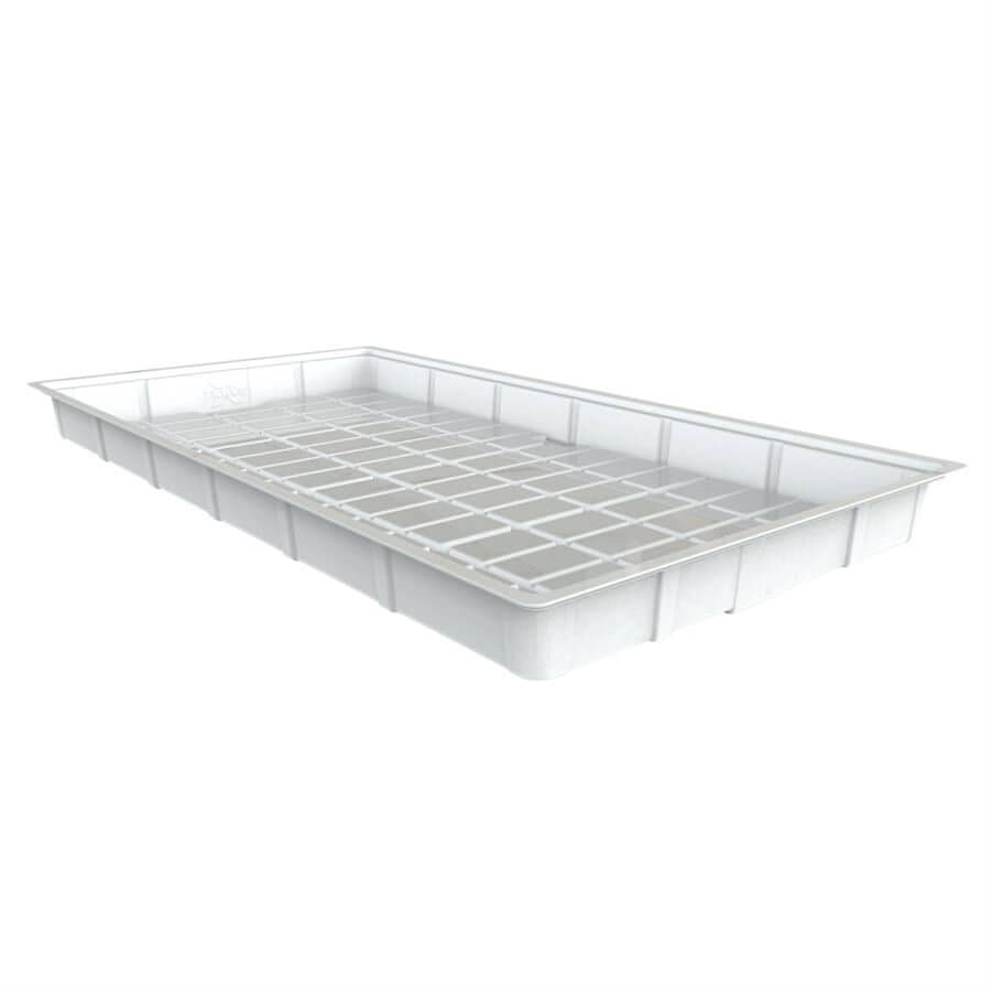 White flood tray with grid pattern inside, used for growing plants hydroponically.