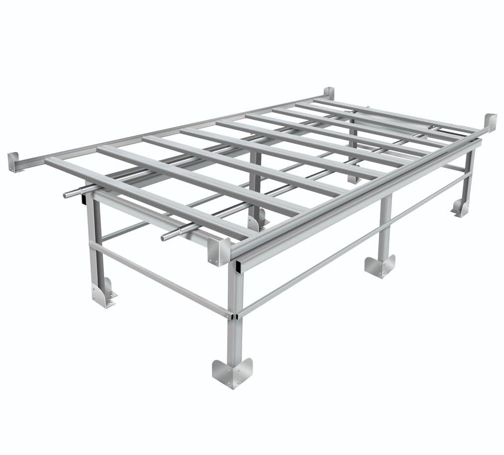 Silver metal rolling bench frame with multiple crossbars and supports, on white background.