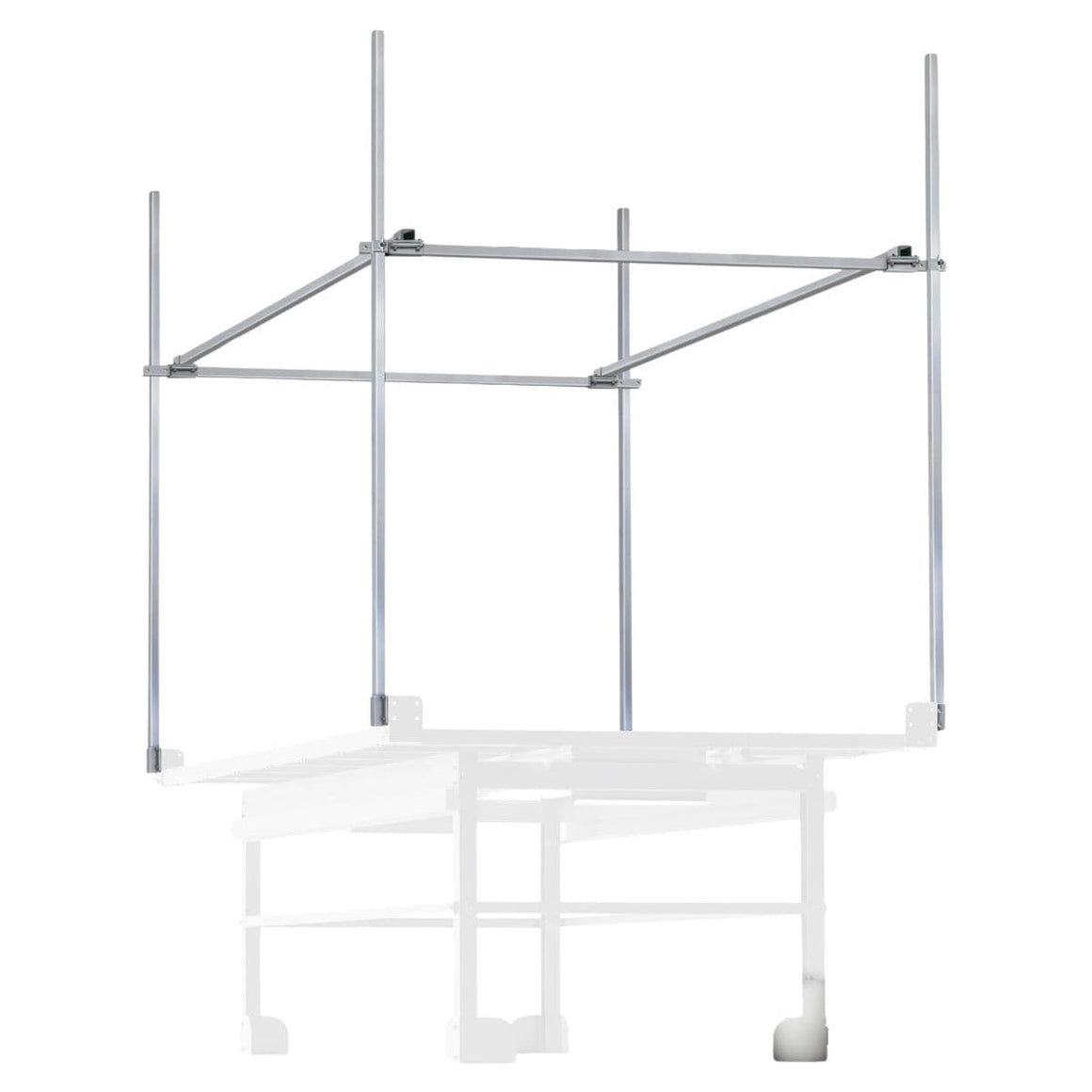 Silver metal trellis netting support system on white background.