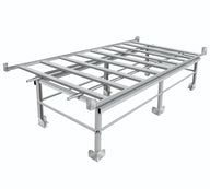 Aluminum rolling bench frame with legs and a grid of metal bars.