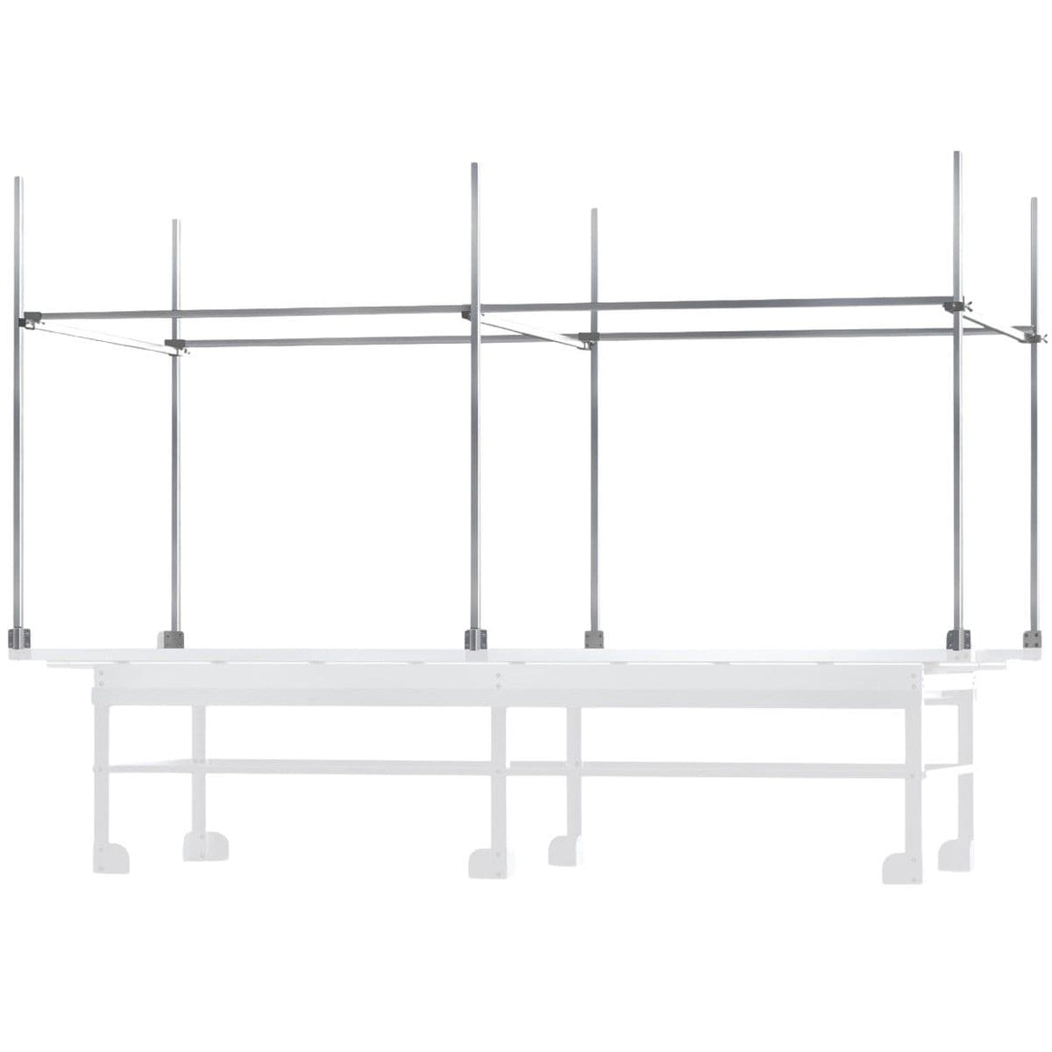Silver metal trellis netting support system with vertical poles attached to a white horizontal bar.