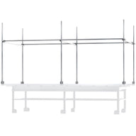 Silver metal trellis netting support system with vertical poles attached to a white horizontal bar.