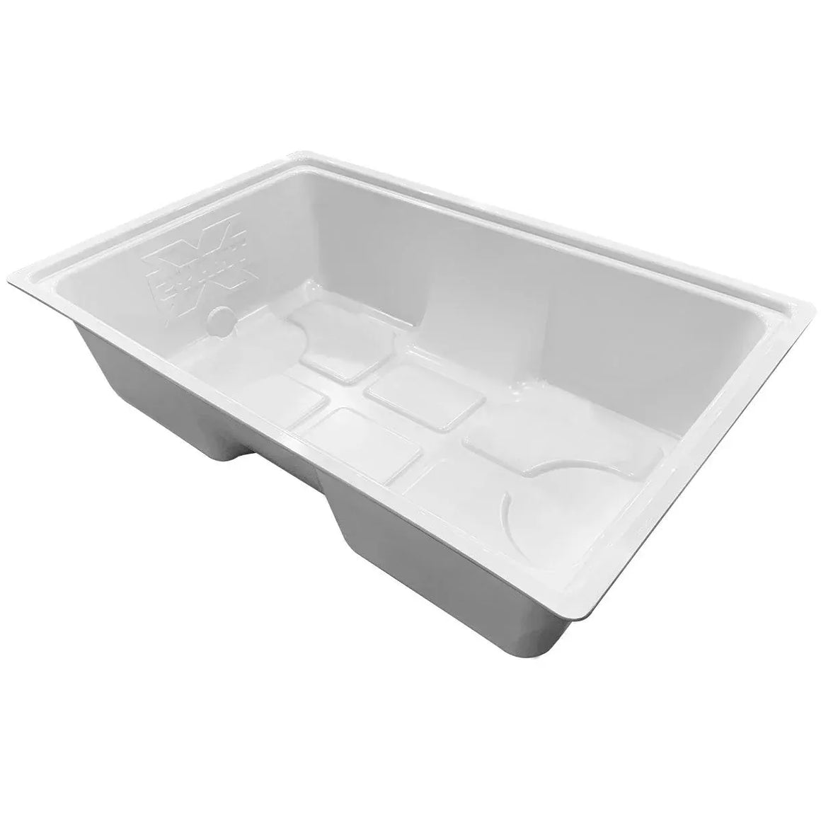 White plastic 75-gallon reservoir tray with molded compartments.