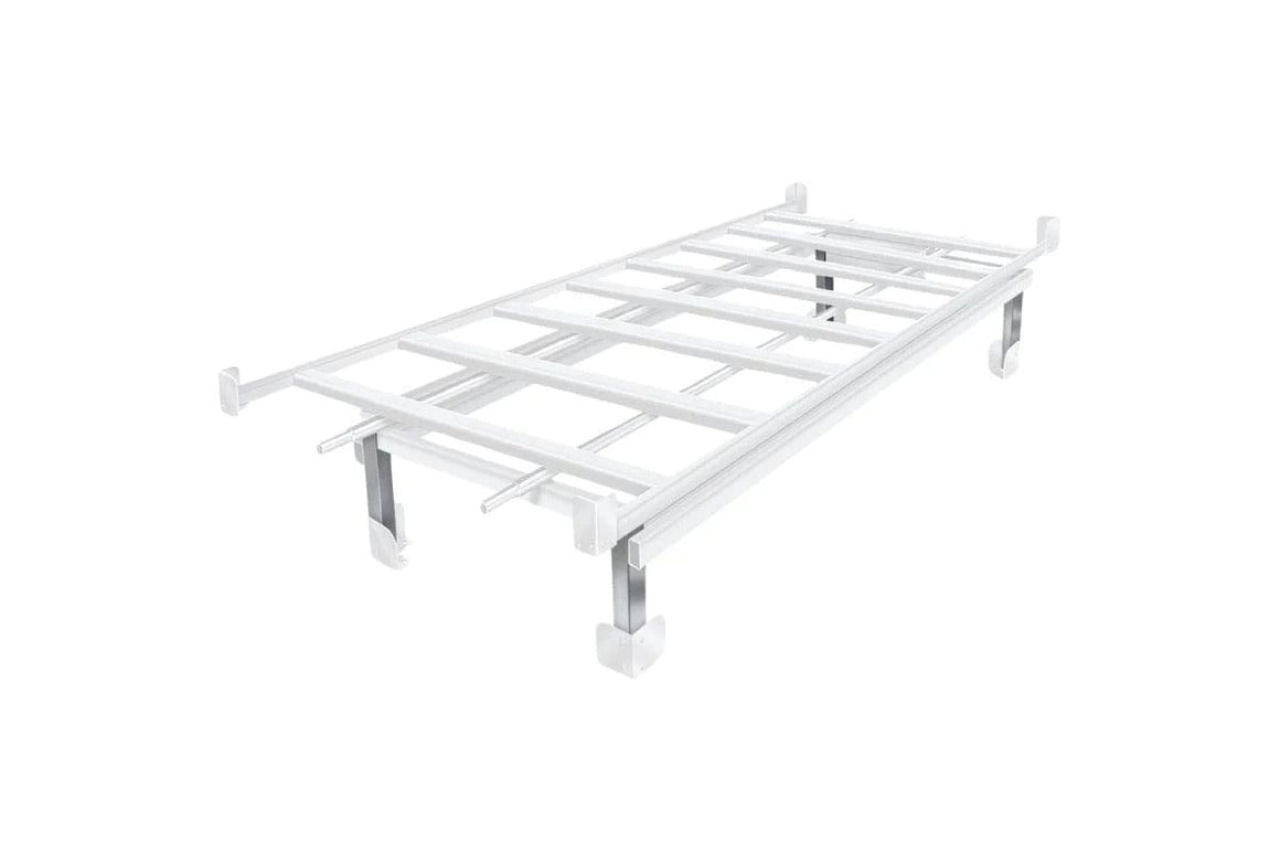 White metal bench leg kit for a 4x8 bench, seen from an angled overhead perspective.