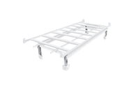 White metal bench leg kit for a 4x8 bench, seen from an angled overhead perspective.