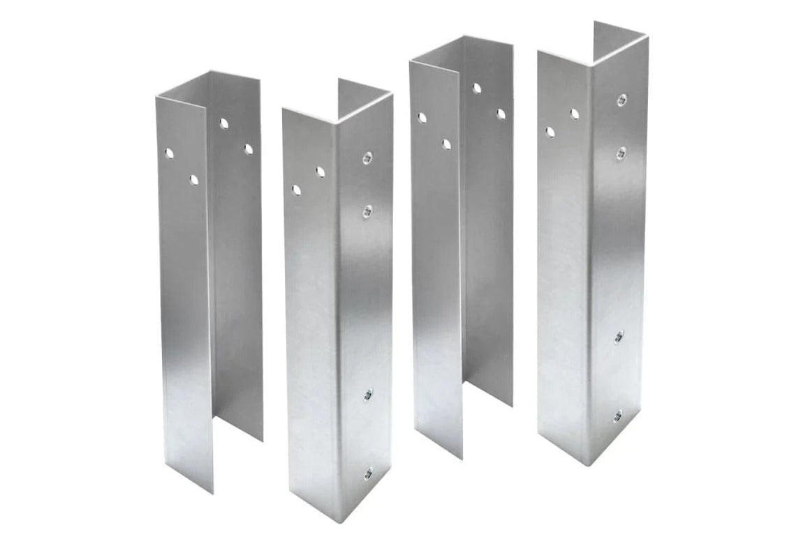 Four silver metal U-shaped bench leg supports with pre-drilled holes, displayed against a white background.