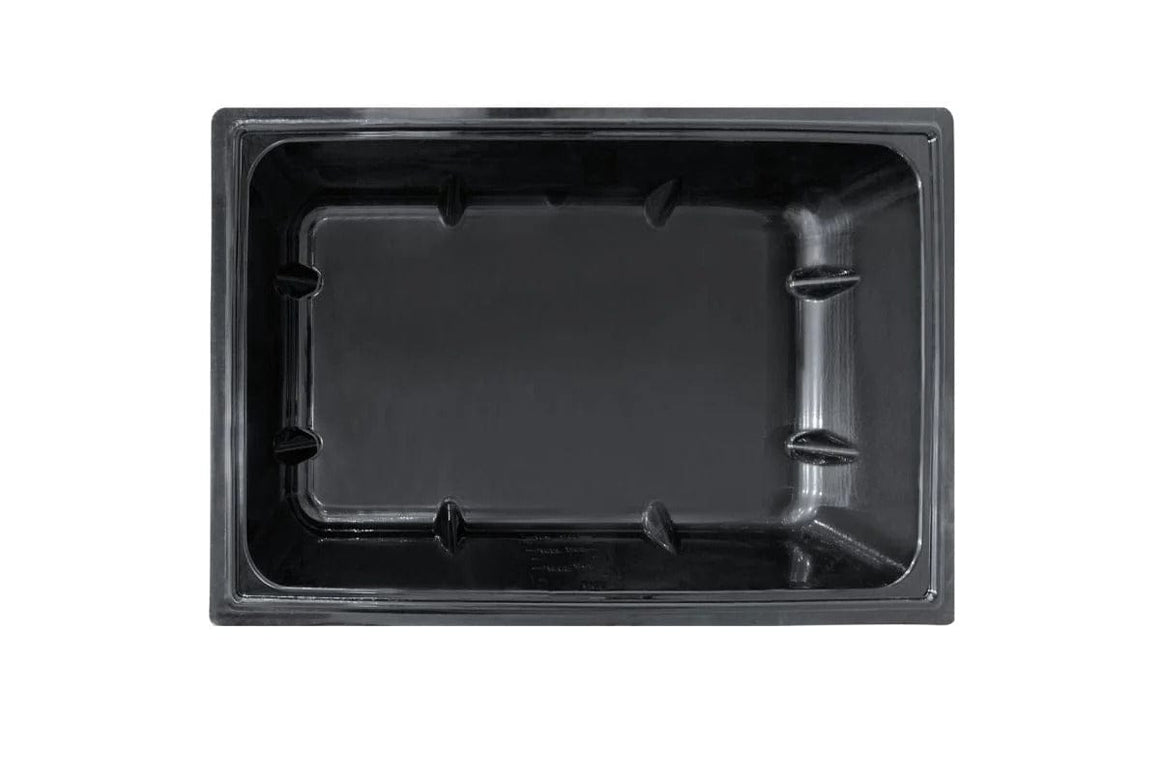 Black plastic rectangular plant tray with raised interior ribs, suitable for hydroponics or gardening.
