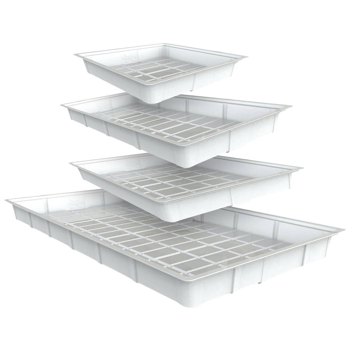 White plastic flood trays stacked, with grid inserts, on white background.
