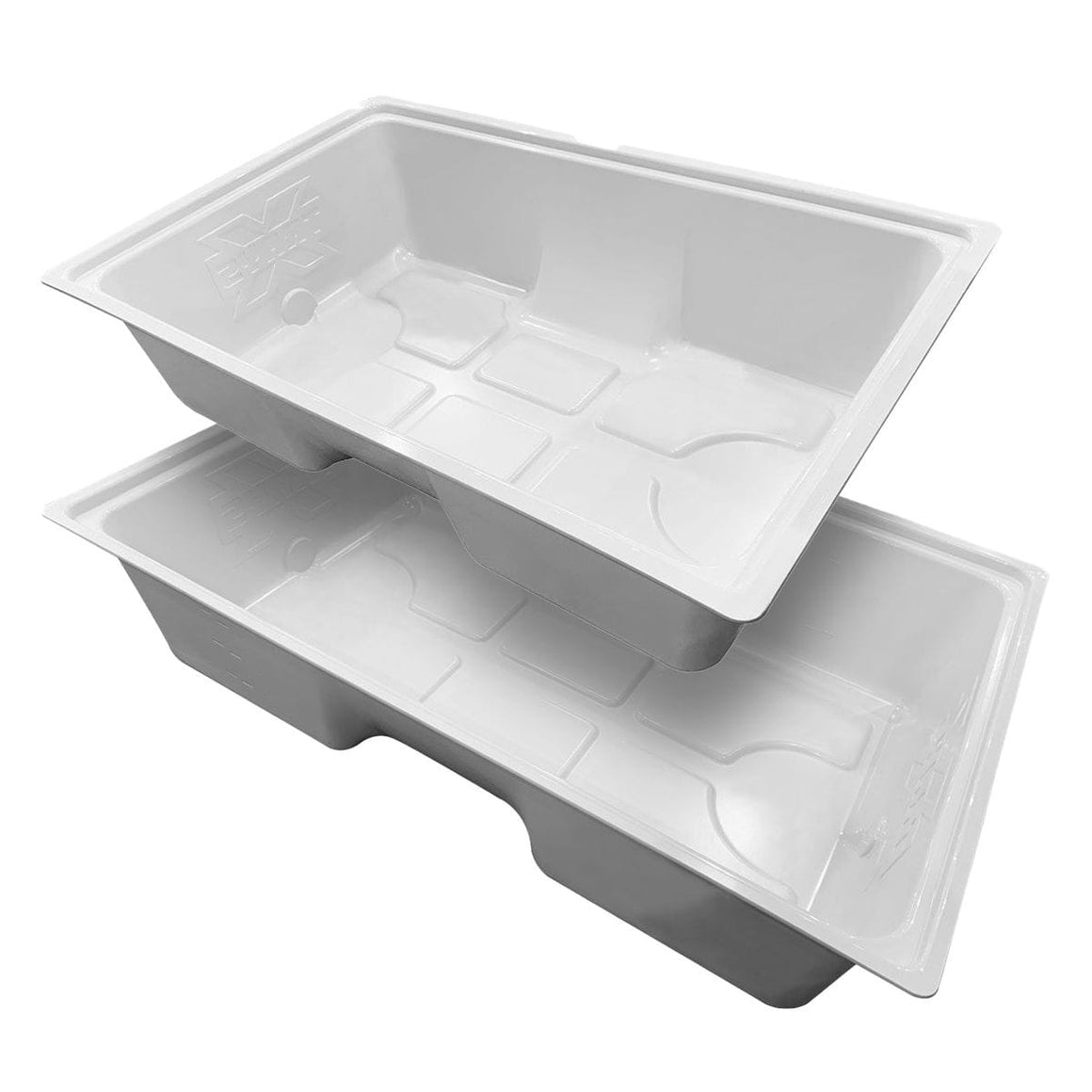 Two white, plastic paint trays stacked on top of each other with a ridged interior and cutout handles.