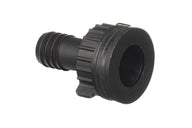 Black plastic drain fitting with ribbed hose connection and a threaded male end.
