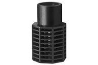 Black plastic cylindrical strainer with a hexagonal grated base and smooth top.