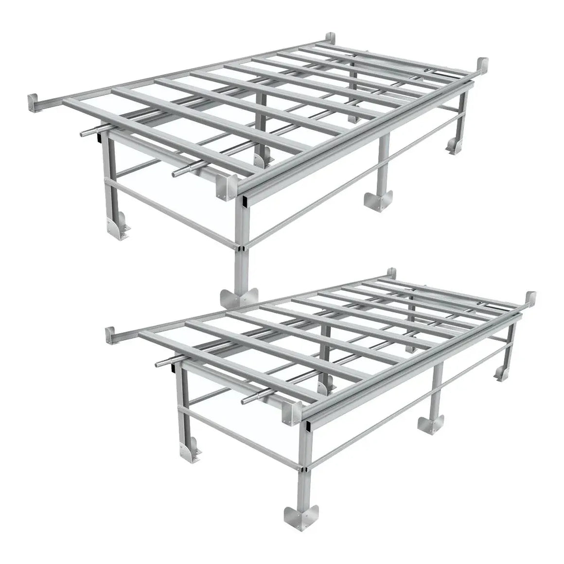 Metal rolling bench frame with two stacked trays, metal slats, and legs.