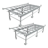 Metal rolling bench frame with two stacked trays, metal slats, and legs.