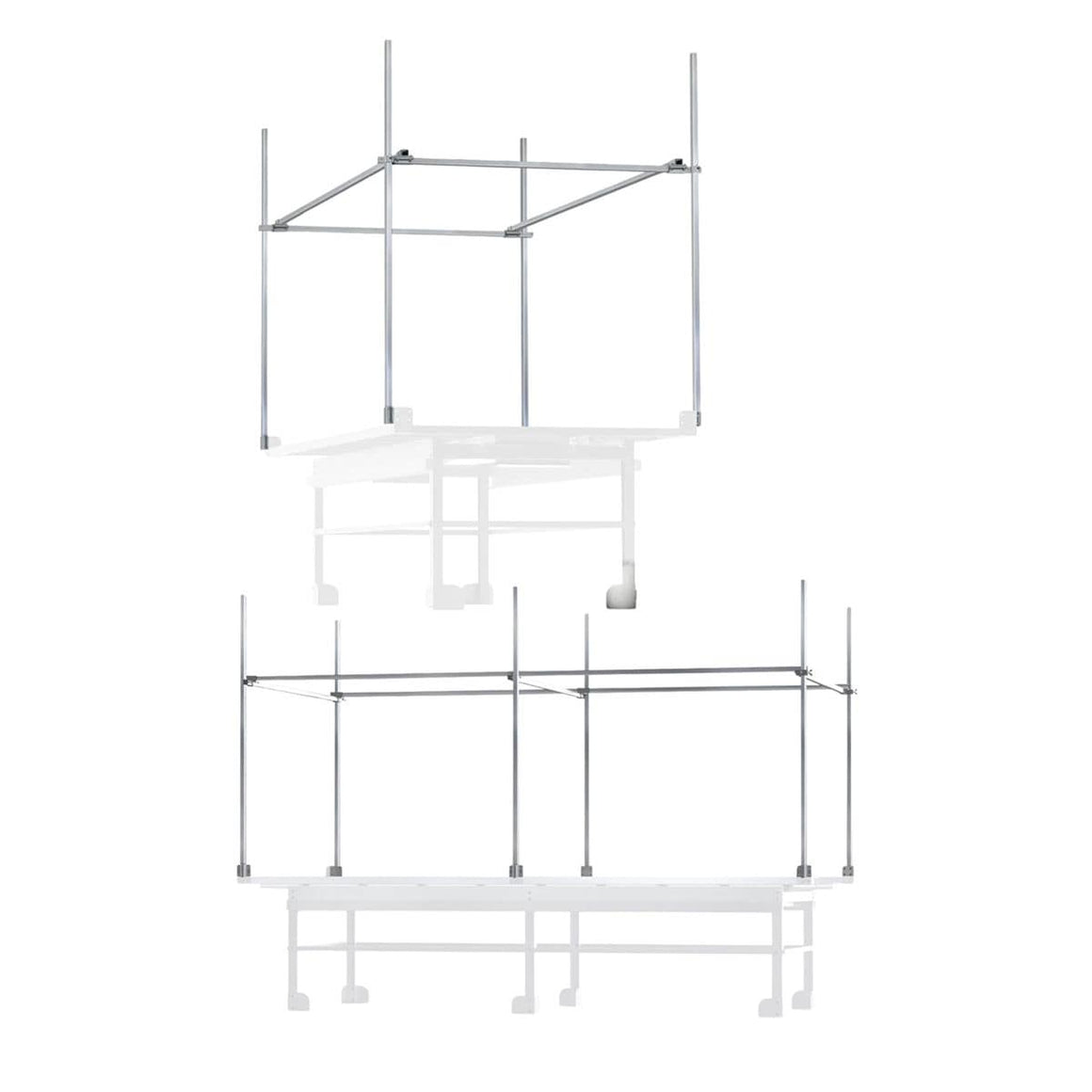 A metal trellis netting support system with two stacked rectangular frames.
