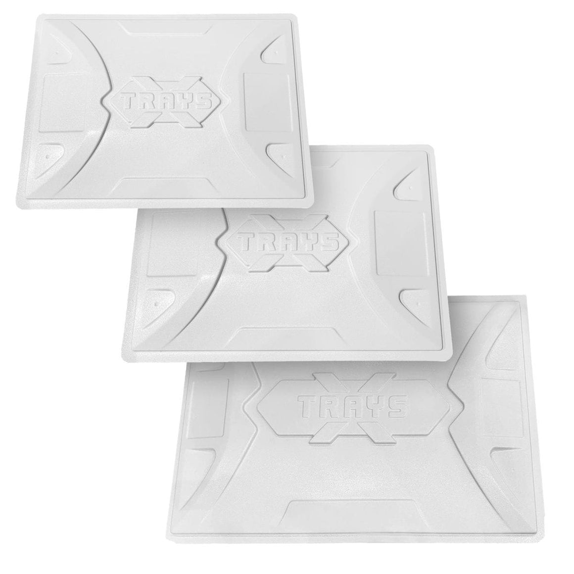Stack of three white rectangular reservoir lids with embossed "TRAYS" logo.