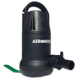 Black AEROMIXER nutrient mixer aerator pump with handle, green fin, and hose outlet, on a white background.