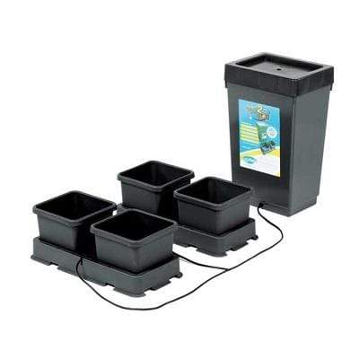 Black AutoPot Easy2Grow hydroponic system: reservoir and 4 square 15-liter pots on trays, connected by tubing.