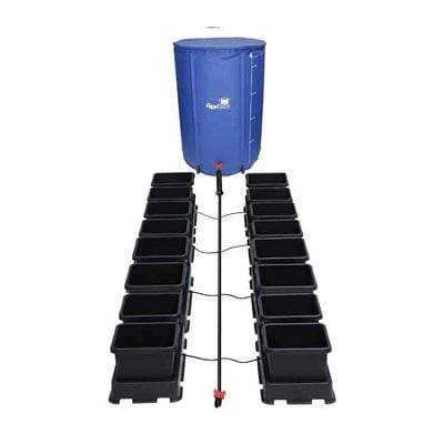 AutoPot easy2grow 16-pot hydroponic system: blue reservoir feeds 16 black grow pots.