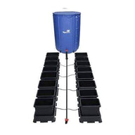 AutoPot easy2grow 16-pot hydroponic system: blue reservoir feeds 16 black grow pots.