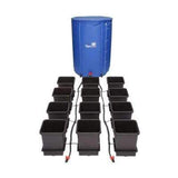 Autopot 12-pot hydroponic grow system featuring a blue reservoir tank and black self-watering square pots with tubing.
