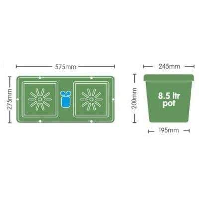 Autopot Easy2Grow hydroponic system: diagrams of a 575x275mm two-pot tray and an 8.5L pot with dimensions.