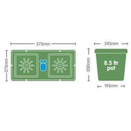 Autopot Easy2Grow hydroponic system: diagrams of a 575x275mm two-pot tray and an 8.5L pot with dimensions.