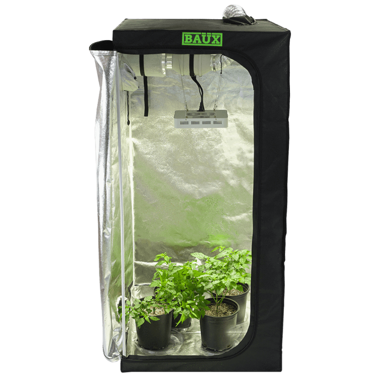 BAUX Industries 2x4 hydroponics grow tent kit. Black tent with reflective interior, LED grow light, and plants.