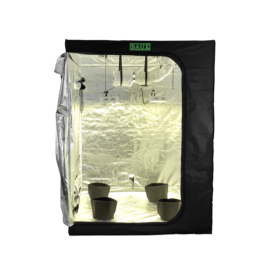 BAUX Industries 5x5 hydroponics grow tent kit with LED lights, ventilation, and fabric pots, reflective interior.