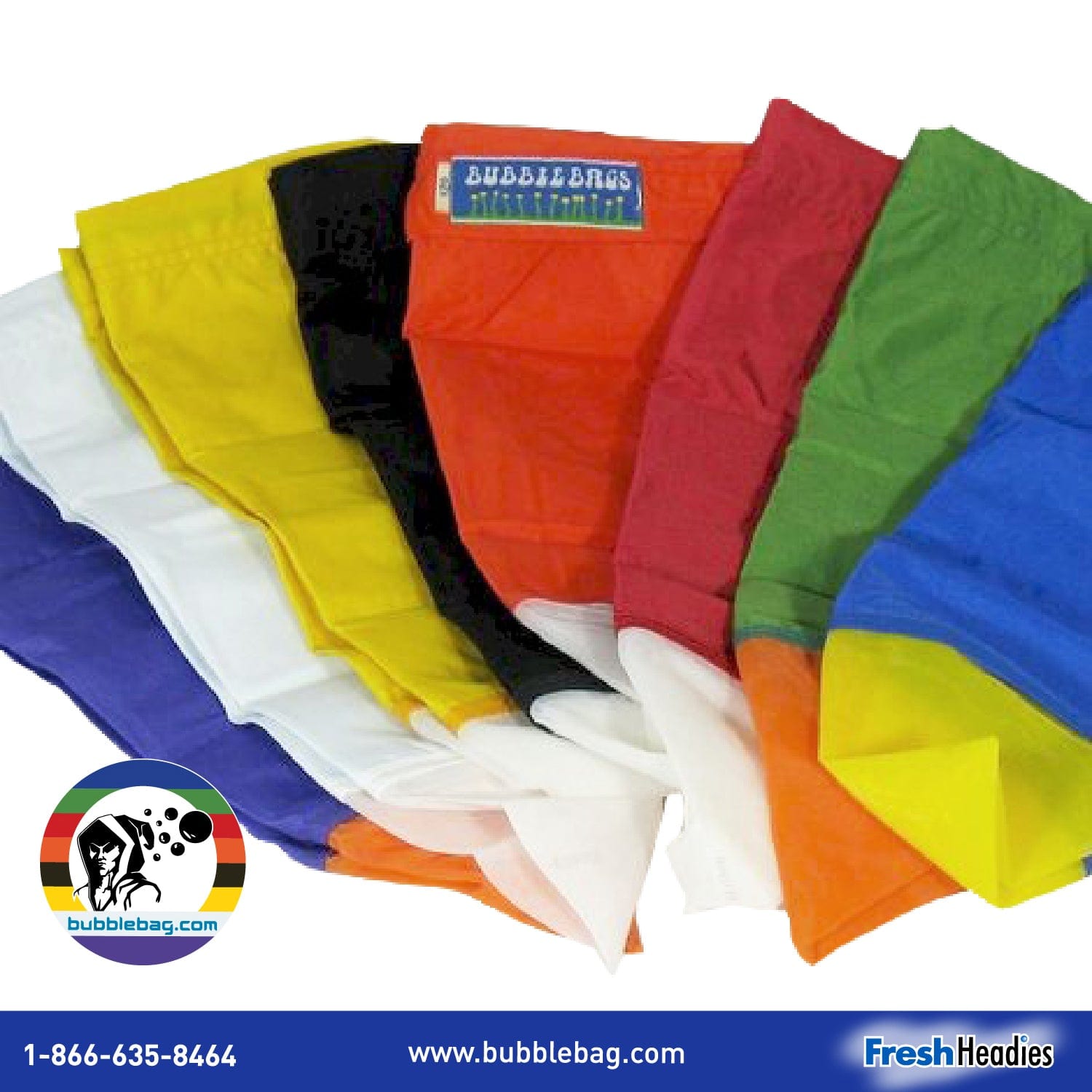 Assortment of vibrant mesh Bubble Bags in red, orange, yellow, green, blue, purple, white, and black, stacked diagonally.