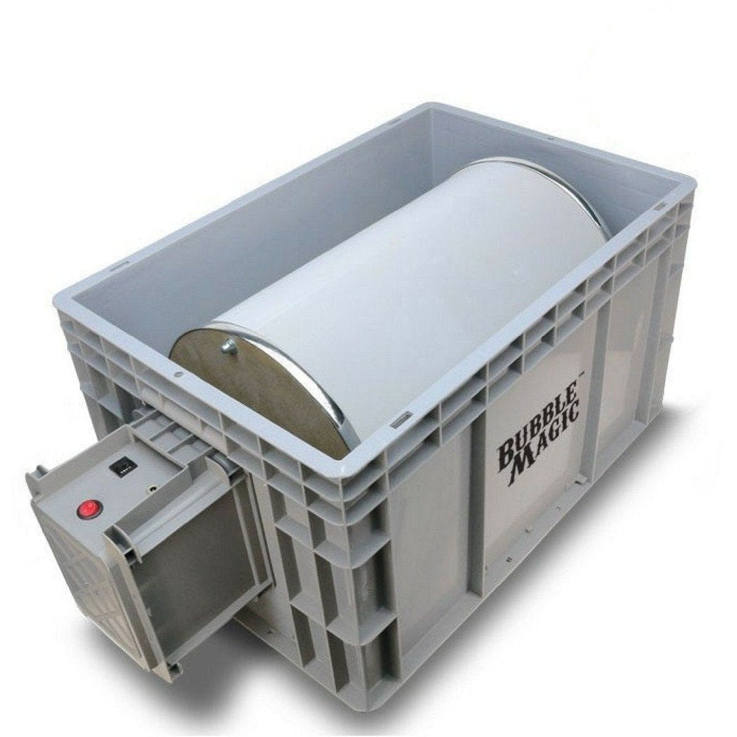 Bubble Magic pollen tumbler dry sifter: white cylindrical drum inside gray plastic crate, with attached control panel.