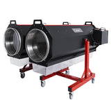 CenturionPro dual barrel dry bud trimming machine; black body, red rolling stand, clear chambers, and collection bins.